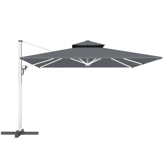 Outsunny 3(m) Garden Cantilever Parasol with Solar LED Lights, Cross Base, 360 degrees Rotation, Crank Handle and Tilt, Grey