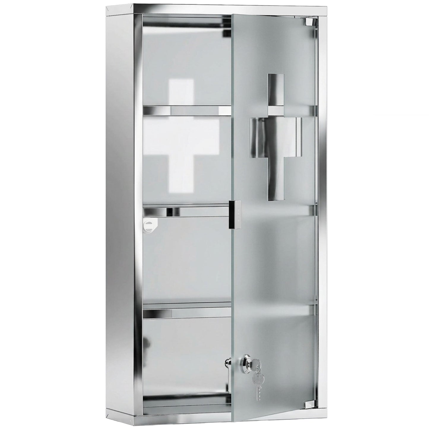 HOMCOM 4 Tier Stainless Steel Wall Mounted Medicine Cabinet Glass Lockable Door Storage Shelves Houseware Bathroom Furniture 60Hx30Wx12D(cm) w/2 Keys