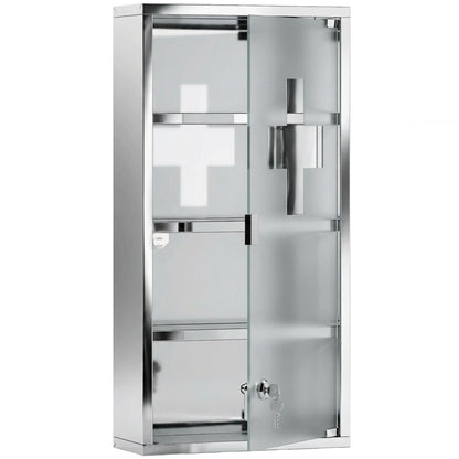 HOMCOM 4 Tier Stainless Steel Wall Mounted Medicine Cabinet Glass Lockable Door Storage Shelves Houseware Bathroom Furniture 60Hx30Wx12D(cm) w/2 Keys