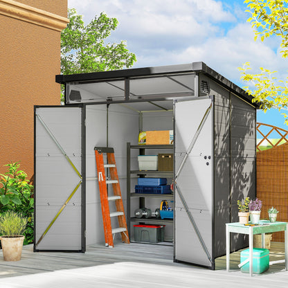 Outsunny 6 x 6ft Outdoor Storage Shed, Plastic Garden Shed with Windows and Air Vents, Outdoor Resin Tool Shed with Latch Doors for Garden, Deck, Light Grey
