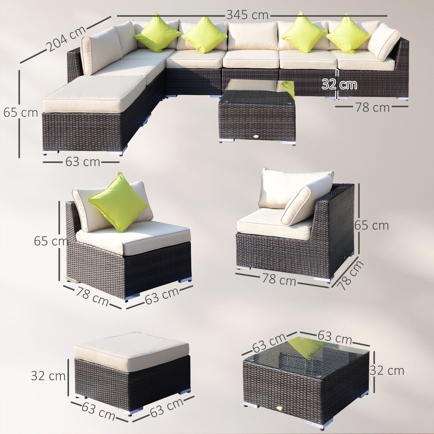 Outsunny 8 Piece Rattan Corner Sofa Set with Wide & Deep Seat, Assembled Aluminium PE Rattan Garden Furniture Set with Thick Cushions and Glass Top Table for Outdoor, Conservatory, Mixed Brown