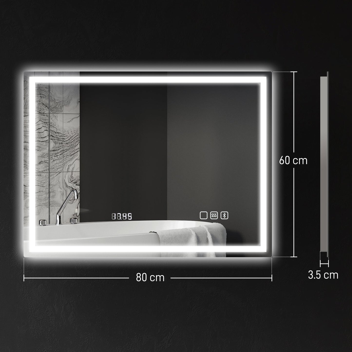 HOMCOM 60 x 80 cm Anti-Fog LED Bathroom Mirror, with Bluetooth and Clock - Silver Tone