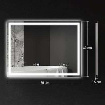 HOMCOM 60 x 80 cm Anti-Fog LED Bathroom Mirror, with Bluetooth and Clock - Silver Tone