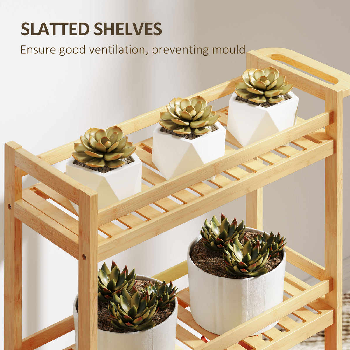 HOMCOM 3-Tier Bamboo Storage Trolley on Wheels with Handle for Kitchen, Office, Bathroom