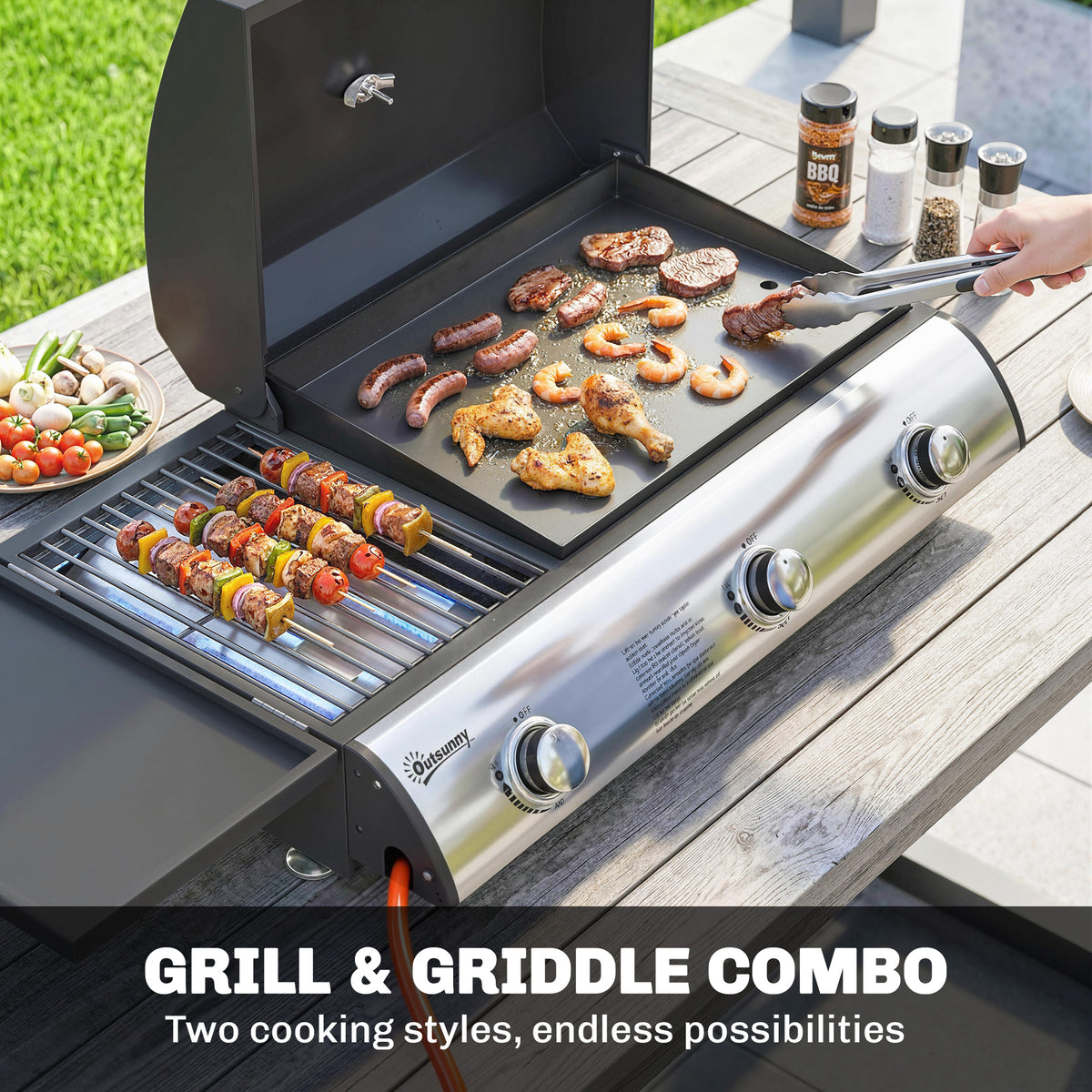Outsunny 3 Burner Portable Gas Plancha BBQ Grill, 7.5 kW Outdoor Tabletop Gas Barbecue Grill with Griddle, Thermometer,, Black