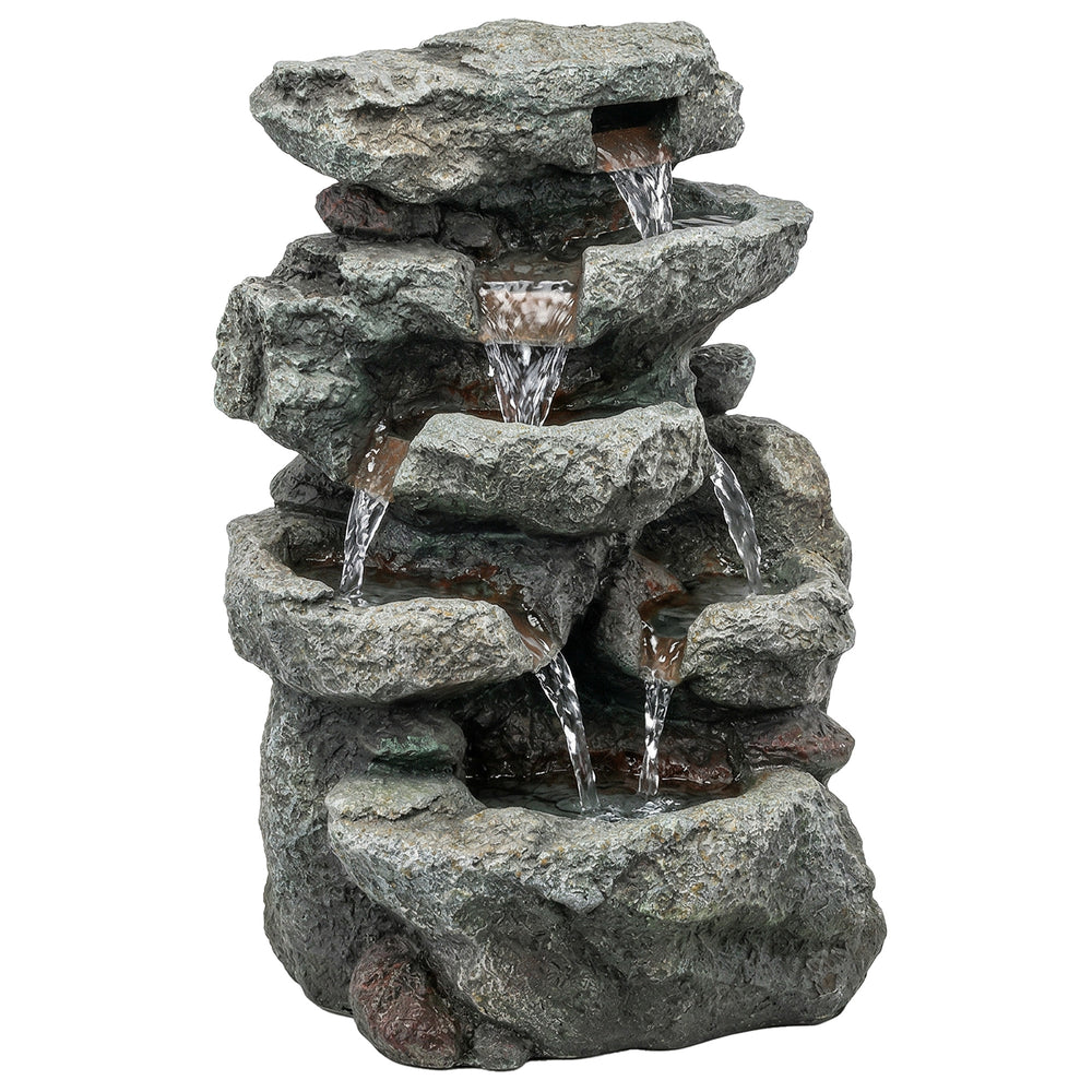 Outsunny Outdoor Fountain with 6-Tier Rock Design, Waterfall Feature with LED Lights, Resin Freestanding Garden Fountain, Grey