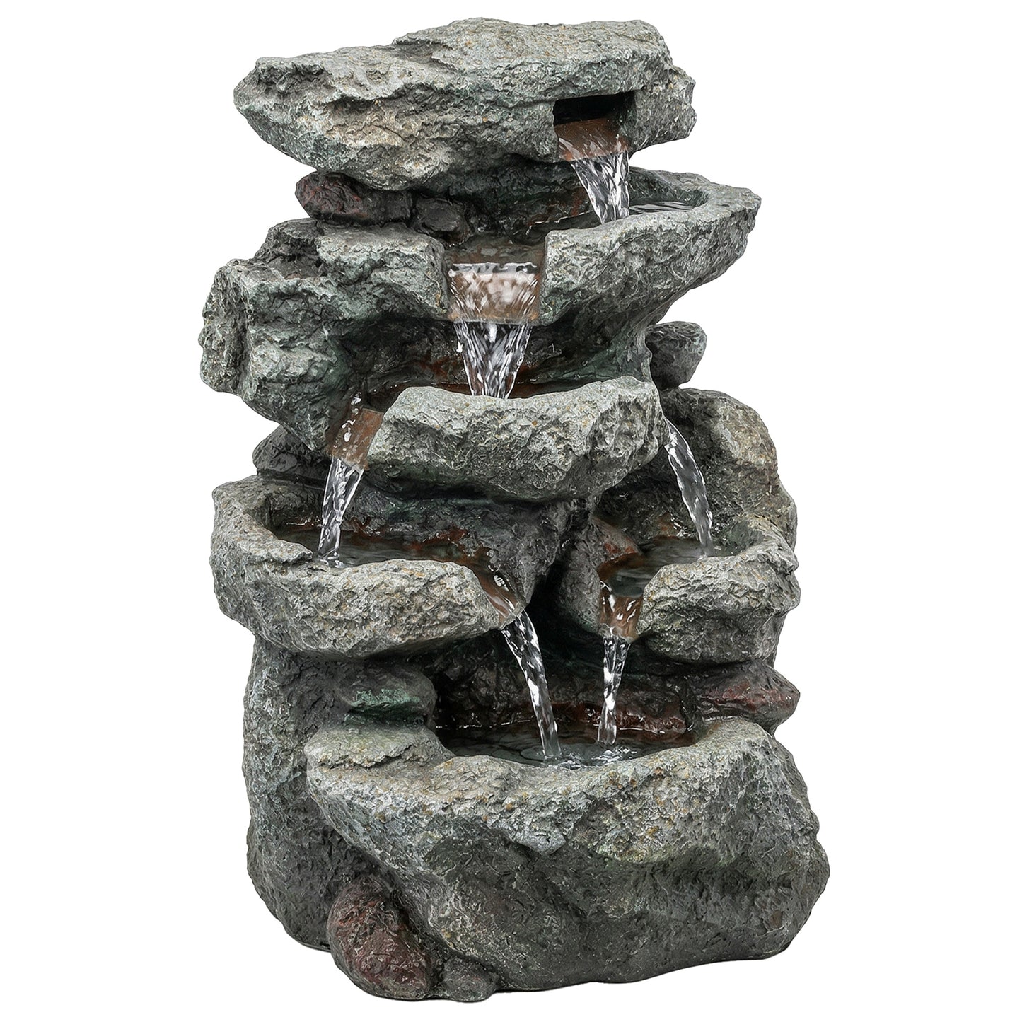 Outsunny Outdoor Fountain with 6-Tier Rock Design, Waterfall Feature with LED Lights, Resin Freestanding Garden Fountain, Grey