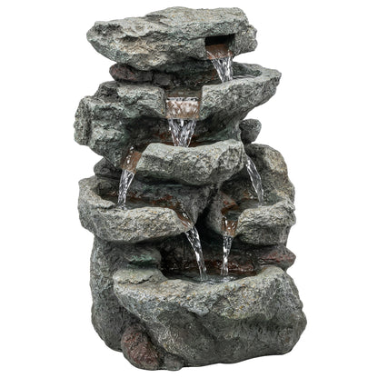 Outsunny Outdoor Fountain with 6-Tier Rock Design, Waterfall Feature with LED Lights, Resin Freestanding Garden Fountain, Grey