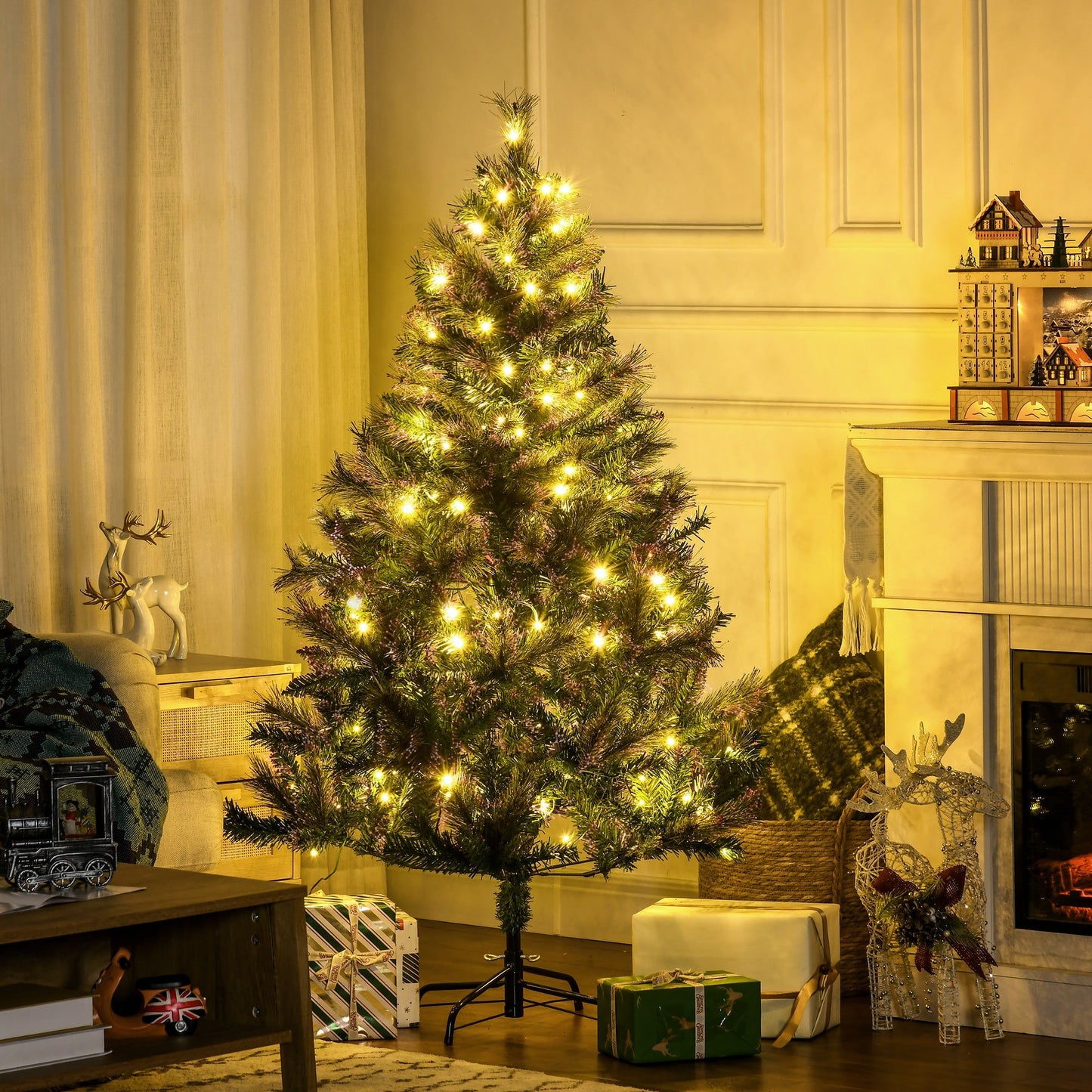 HOMCOM 1.5m 5ft Pre-Lit Christmas Tree Artificial Spruce Xmas Tree Warm White LED Holiday D√É¬©cor with Metal Stand
