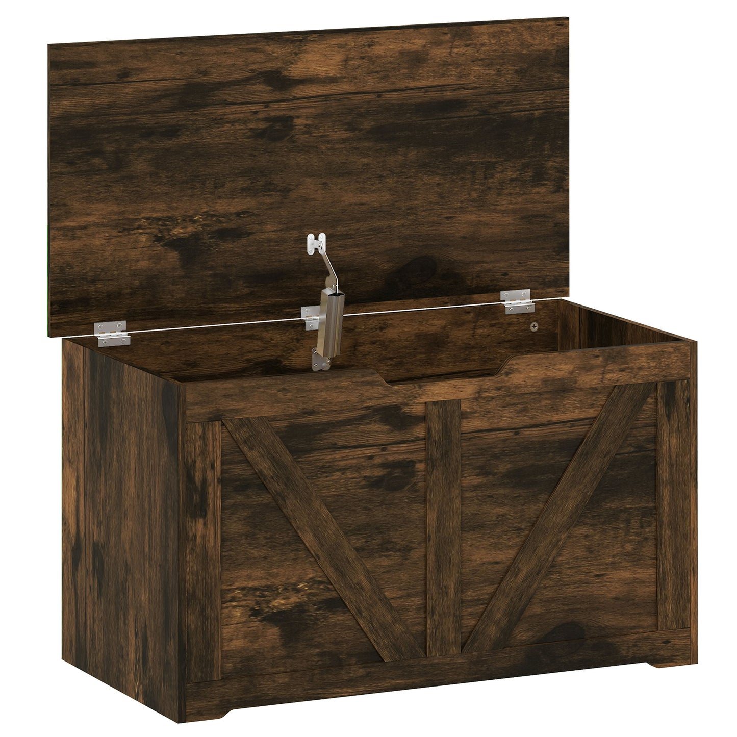 HOMCOM 100L Home Storage Box, with Safety Hinge - Rustic Brown Wood-Effect