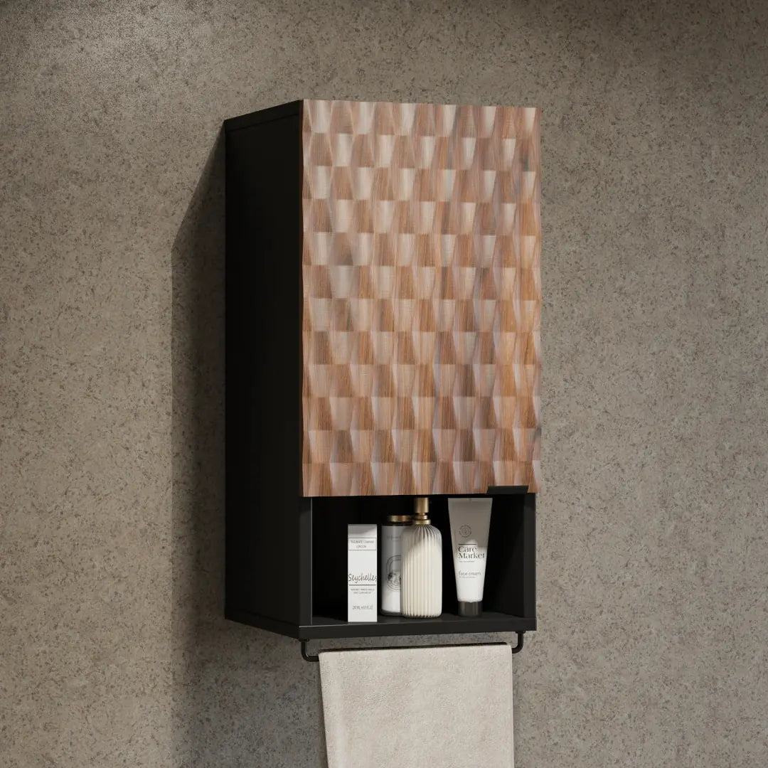 Wall-mounted cabinet with geometric patterned door against a textured wall.