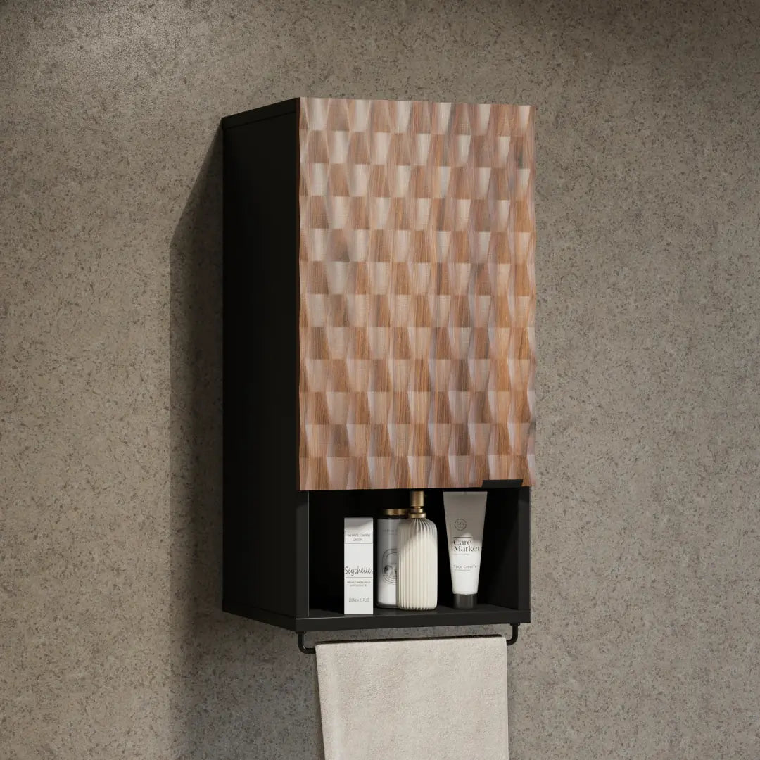 Wall-mounted cabinet with geometric patterned door on a concrete wall
