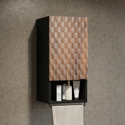 Wall-mounted cabinet with geometric patterned door on a concrete wall