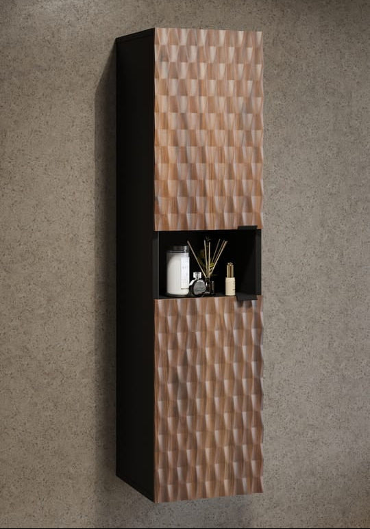 Wall-mounted cabinet with textured design on a gray wall