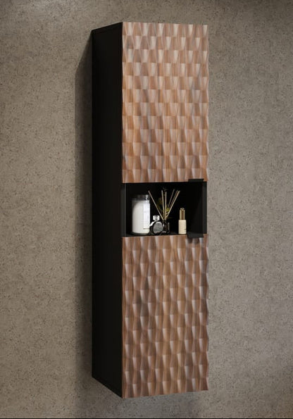 Wall-mounted cabinet with textured design on a gray wall