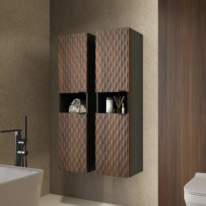 Wall-mounted cabinet with textured design in a bathroom setting
