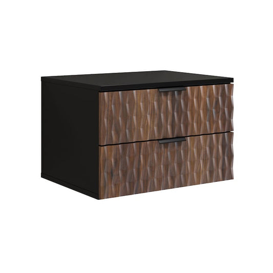 Two-drawer nightstand with black top and brown textured drawers on a white background