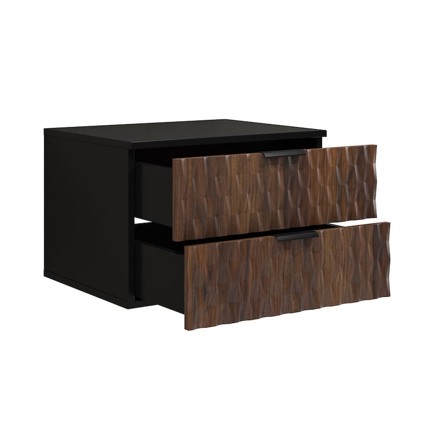 Two-drawer nightstand with black and brown finish on a white background