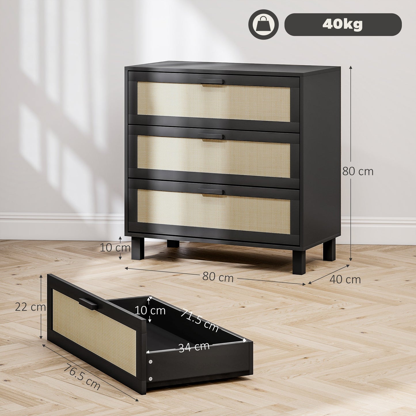 HOMCOM Rattan Bedroom Chest of Drawers, 3 Drawers Storage Unit, Boho Dresser for Living Room, Hallway, Black