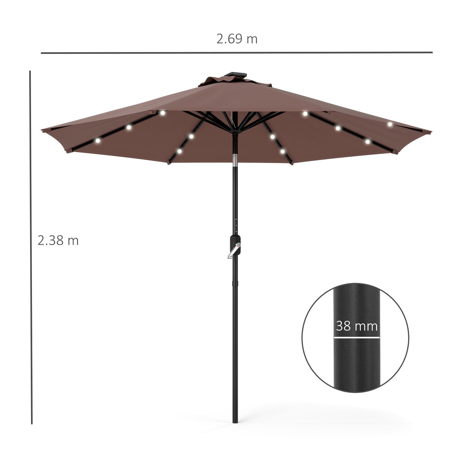 Outsunny a2.7m Garden 24 LED Light Parasol Solar Outdoor Tilt Sun Umbrella Patio Club Party Event Manual Sun Shade w/ Hand Crank and 8 Ribs, Brown