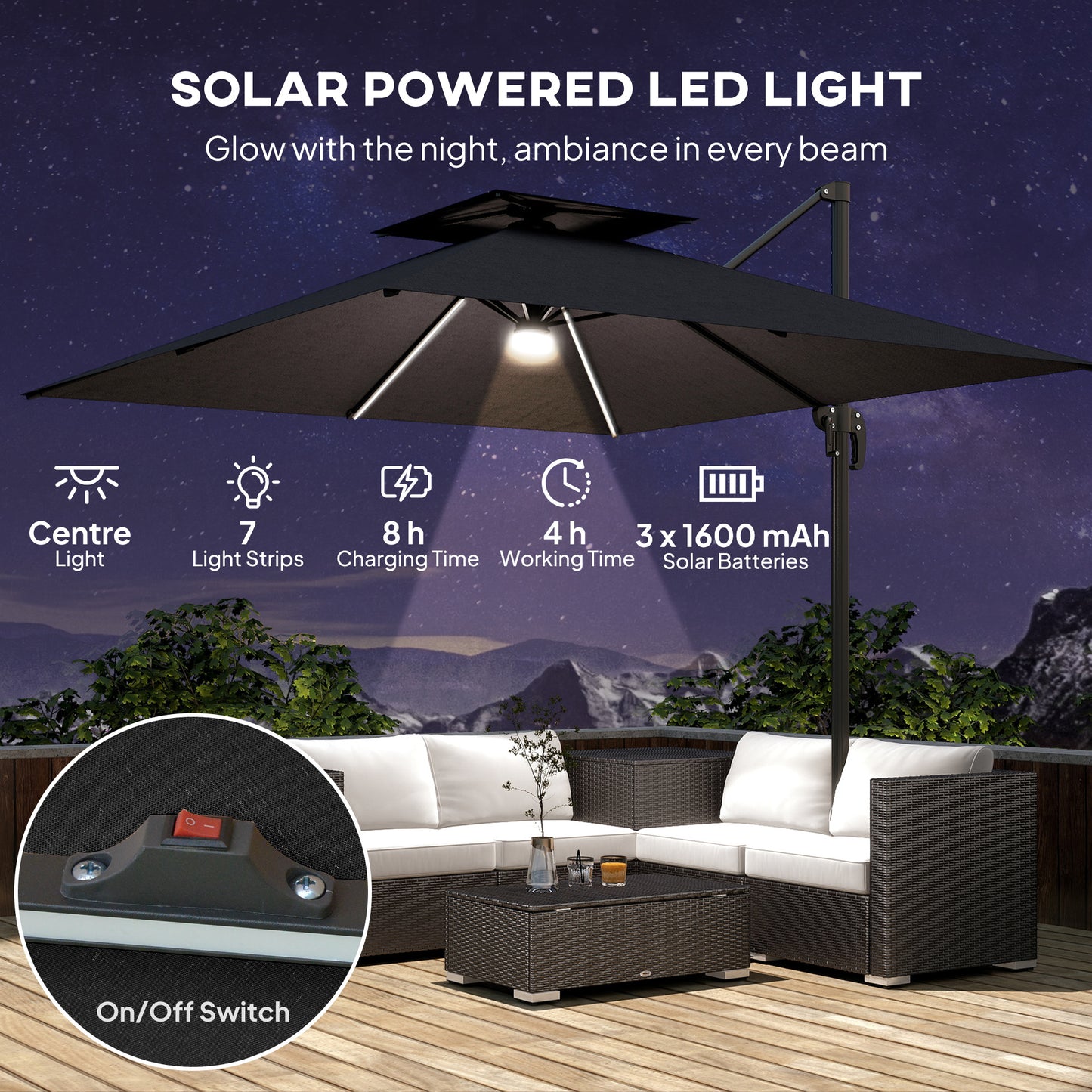 Outsunny 2.5m Cantilever Parasol with Solar Powered LED Lights, 360¡ Rotation, Tilt Adjustment, Crank Handle, Dark Grey