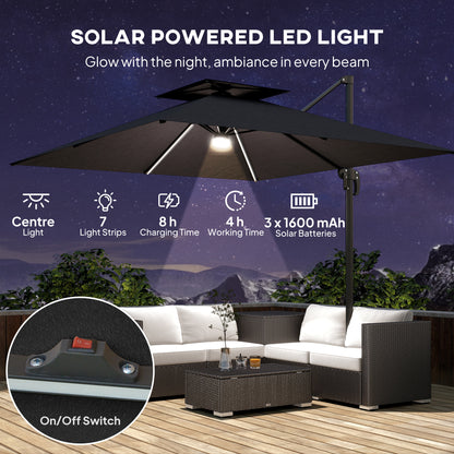 Outsunny 2.5m Cantilever Parasol with Solar Powered LED Lights, 360¡ Rotation, Tilt Adjustment, Crank Handle, Dark Grey
