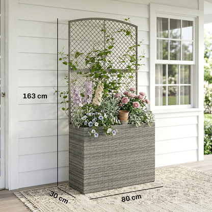 Outsunny Rattan Planter with Trellis, Raised Beds for Garden with Liner for Climbing Plants Vegetables Flowers, Dark Grey