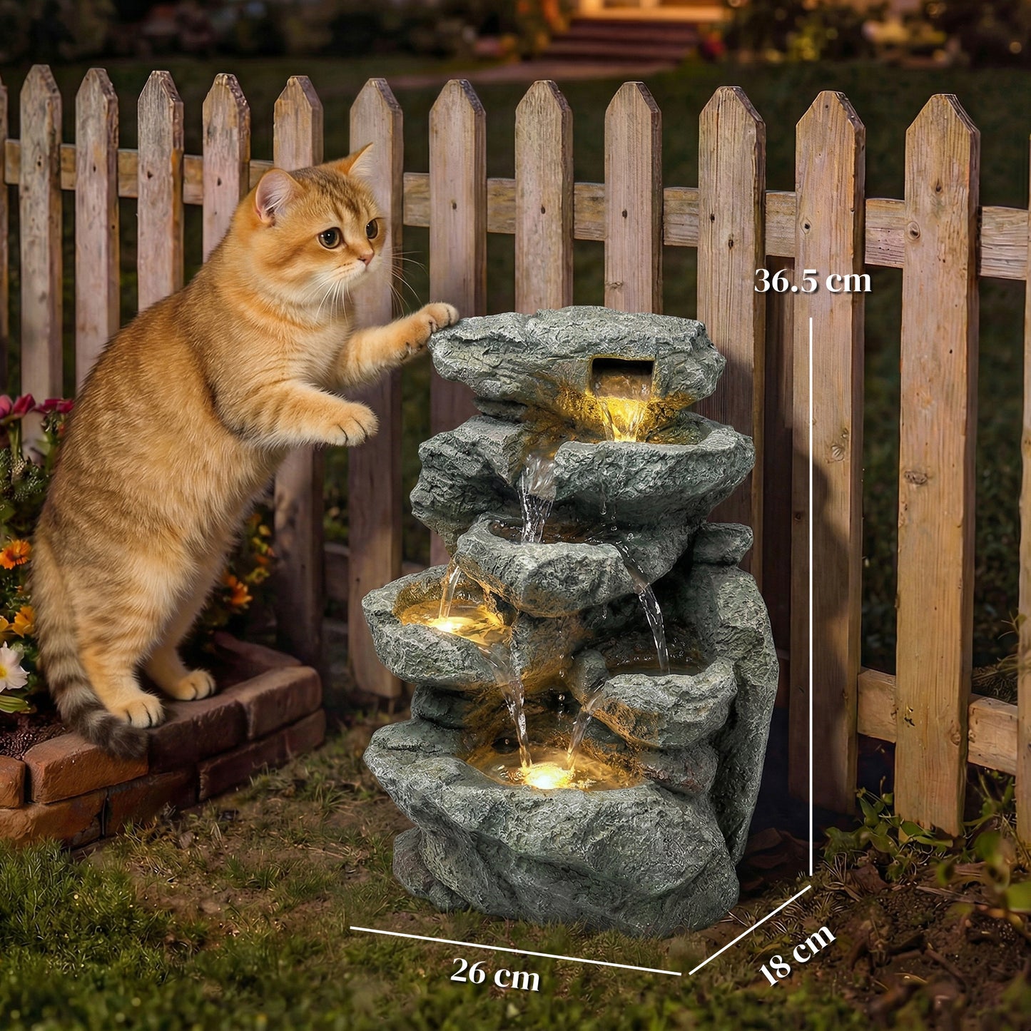 Outsunny Outdoor Fountain with 6-Tier Rock Design, Waterfall Feature with LED Lights, Resin Freestanding Garden Fountain, Grey