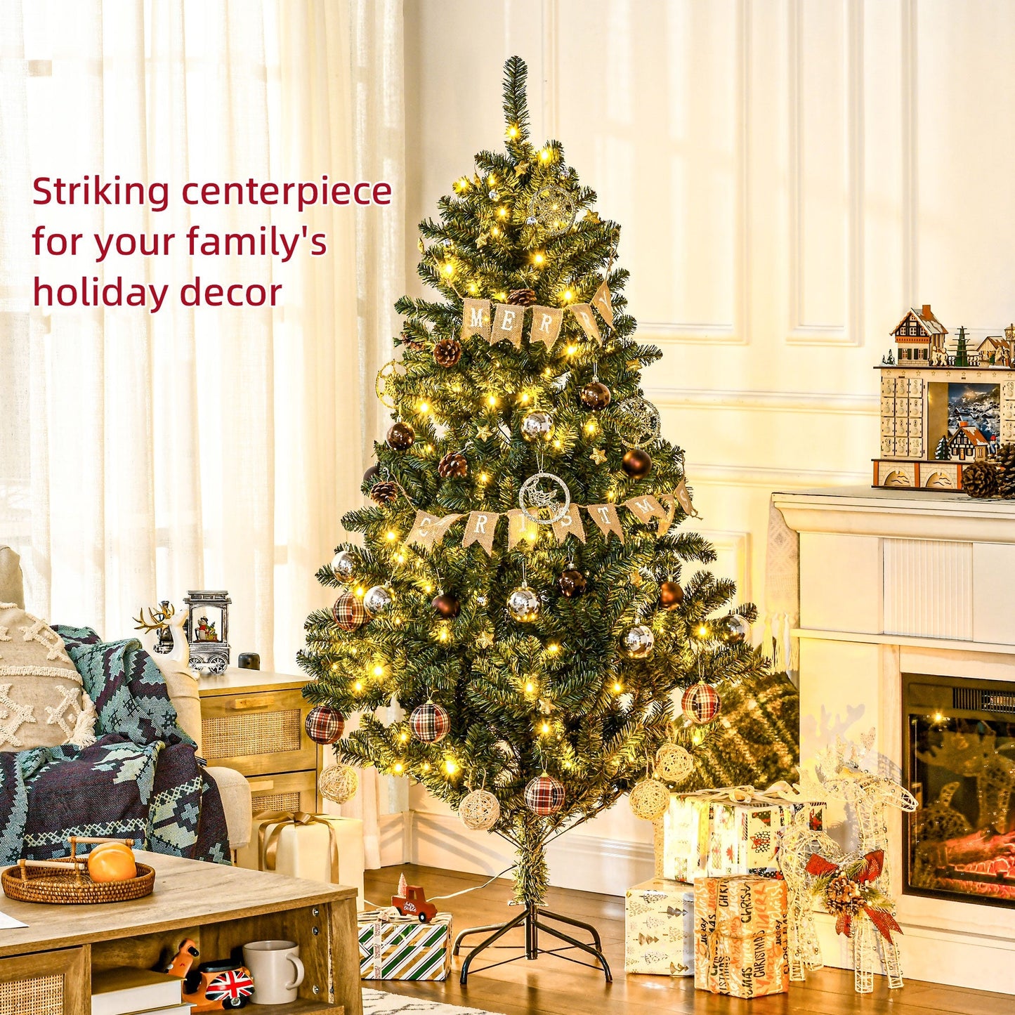 HOMCOM 6' Artificial Prelit Christmas Trees Holiday D√É¬©cor with Warm White LED Lights, Decoration, Banner, Tag, Ball
