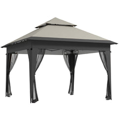Outsunny 3 x 3(m) Pop Up Gazebo with Mosquito Netting, 1 Person Easy up Marquee Party Tent with 1-Button Push, Double Roof, Carry Bag, Sandbags, Height Adjustable Instant Shelter, Grey
