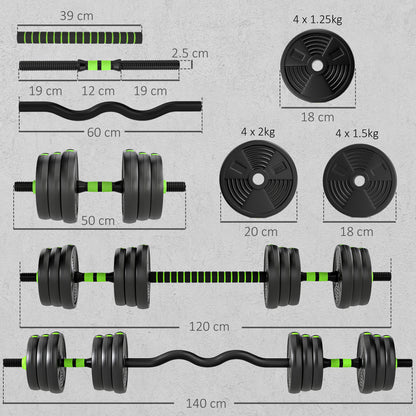 SPORTNOW 20 kg 3-in-1 Adjustable Dumbbell & Barbell Set with EZ Bar, Connecting Rod and Non-Slip Grip for Home Gym, Green