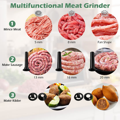 Electric Meat Grinder 2000W Sausage Stuffer Maker with 3 Sausage Tubes and 3 Grinding Plates-Silver