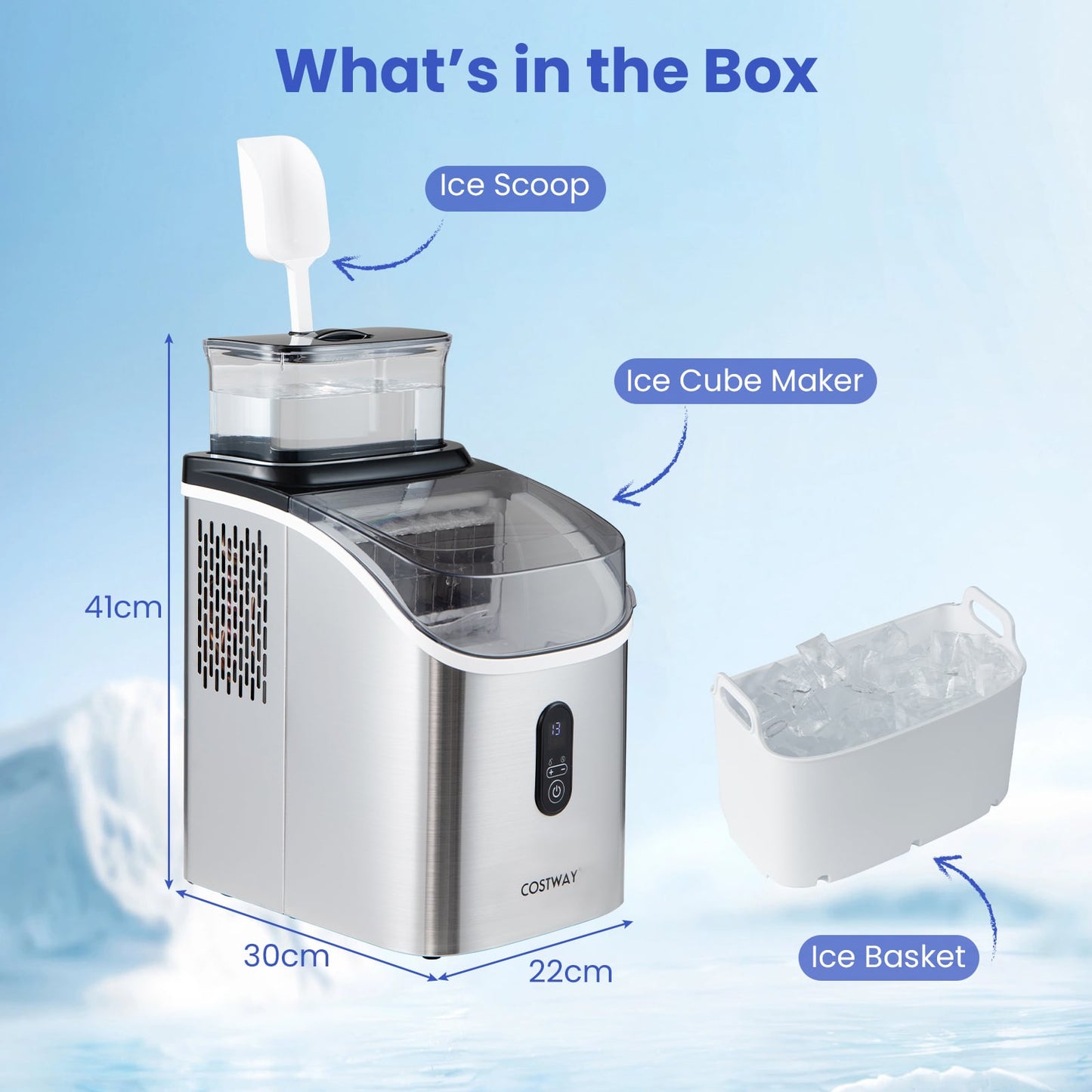 Ice Cube Maker Countertop w/ External Tank & Self-Cleaning 13 Thickness Levels-Silver