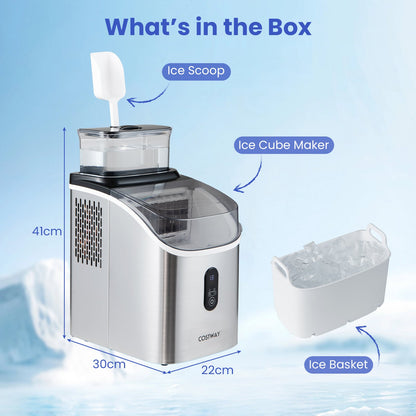 Ice Cube Maker Countertop w/ External Tank & Self-Cleaning 13 Thickness Levels-Silver
