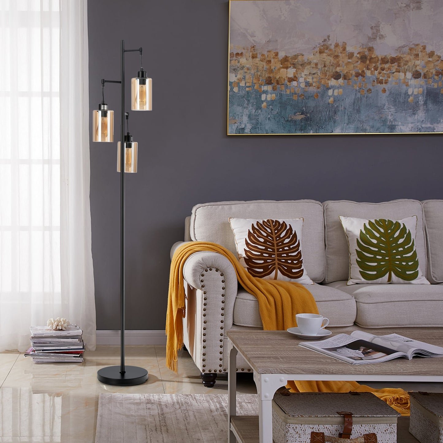 Freestanding Floor Lamp with 3-Head Hanging Amber Glass Shade