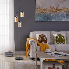 Freestanding Floor Lamp with 3-Head Hanging Amber Glass Shade