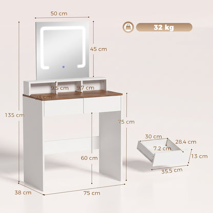 HOMCOM Vanity Table, Dressing Table with Mirror, LED Lights, 2 Drawers, 3 Compartments, 3 Colour Lighting, Walnut