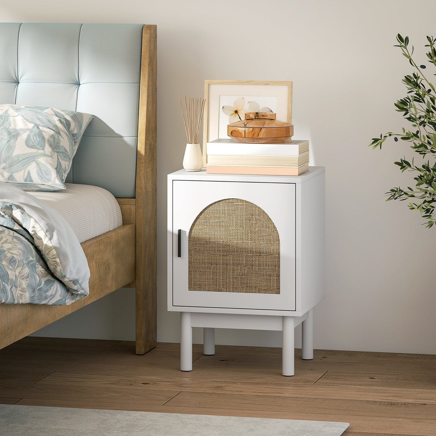 HOMCOM Rattan Bedside Table for Bedroom - White