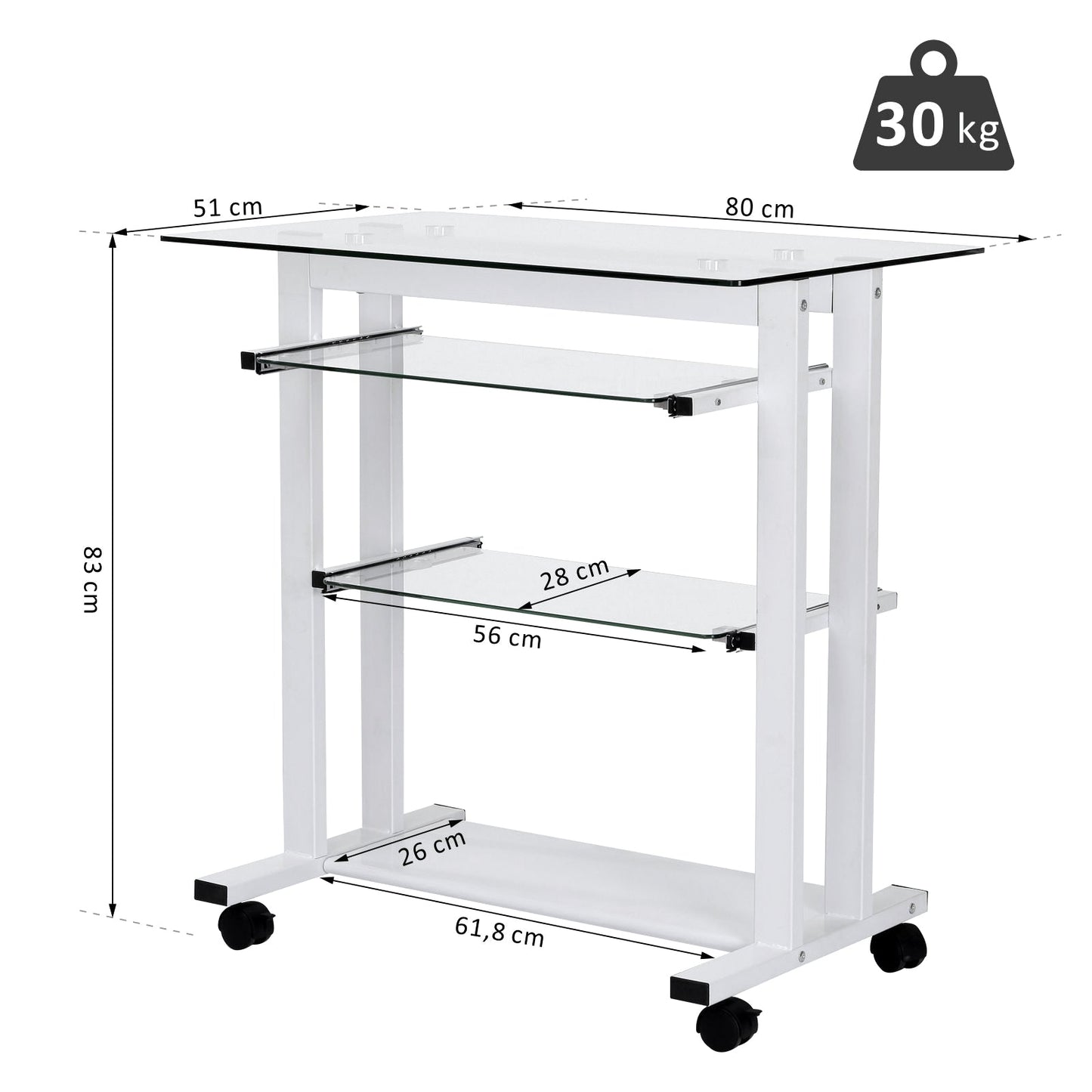 HOMCOM Compact Computer Desk with Keyboard Tray and Wheels, Mobile Home Office Desk for Small Spaces with Sliding Tempered Glass Shelf, White