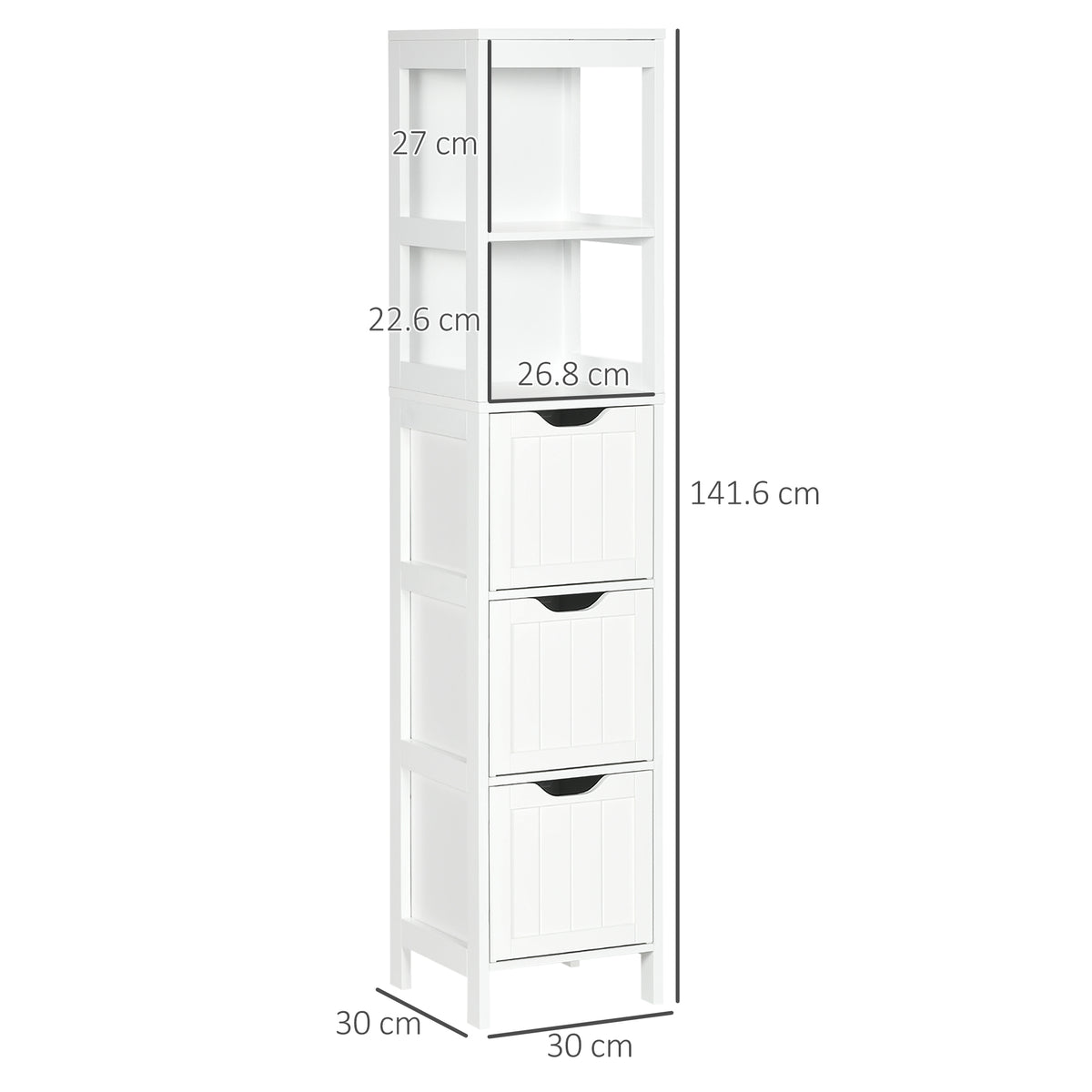 HOMCOM Narrow Floor Cabinet, Bathroom Cabinet with 3 Drawers and 2 Open Shelves, 30W x 30D x 141.6Hcm, White