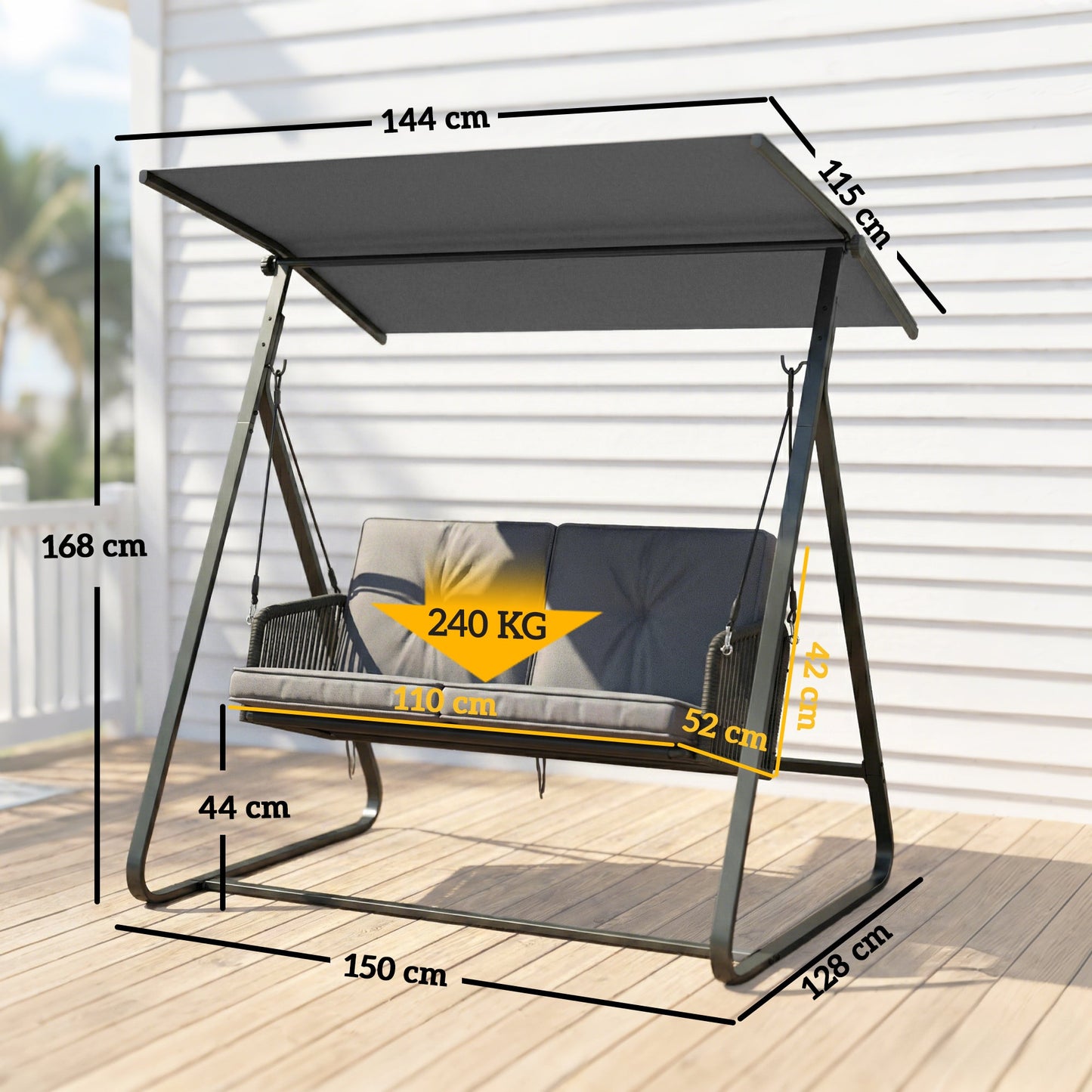 Outsunny 2-Seater Rattan Swing Chair, Outdoor Garden Hanging Swing Seat with Stand, Adjustable Canopy and Soft Cushions