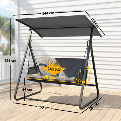 Outsunny 2-Seater Rattan Swing Chair, Outdoor Garden Hanging Swing Seat with Stand, Adjustable Canopy and Soft Cushions