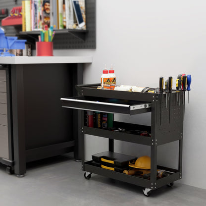 DURHAND 3-Tier Tool Trolley Cart Storage Shelf Roller Cabinet DIY Box Garage Workshop with Drawer Black