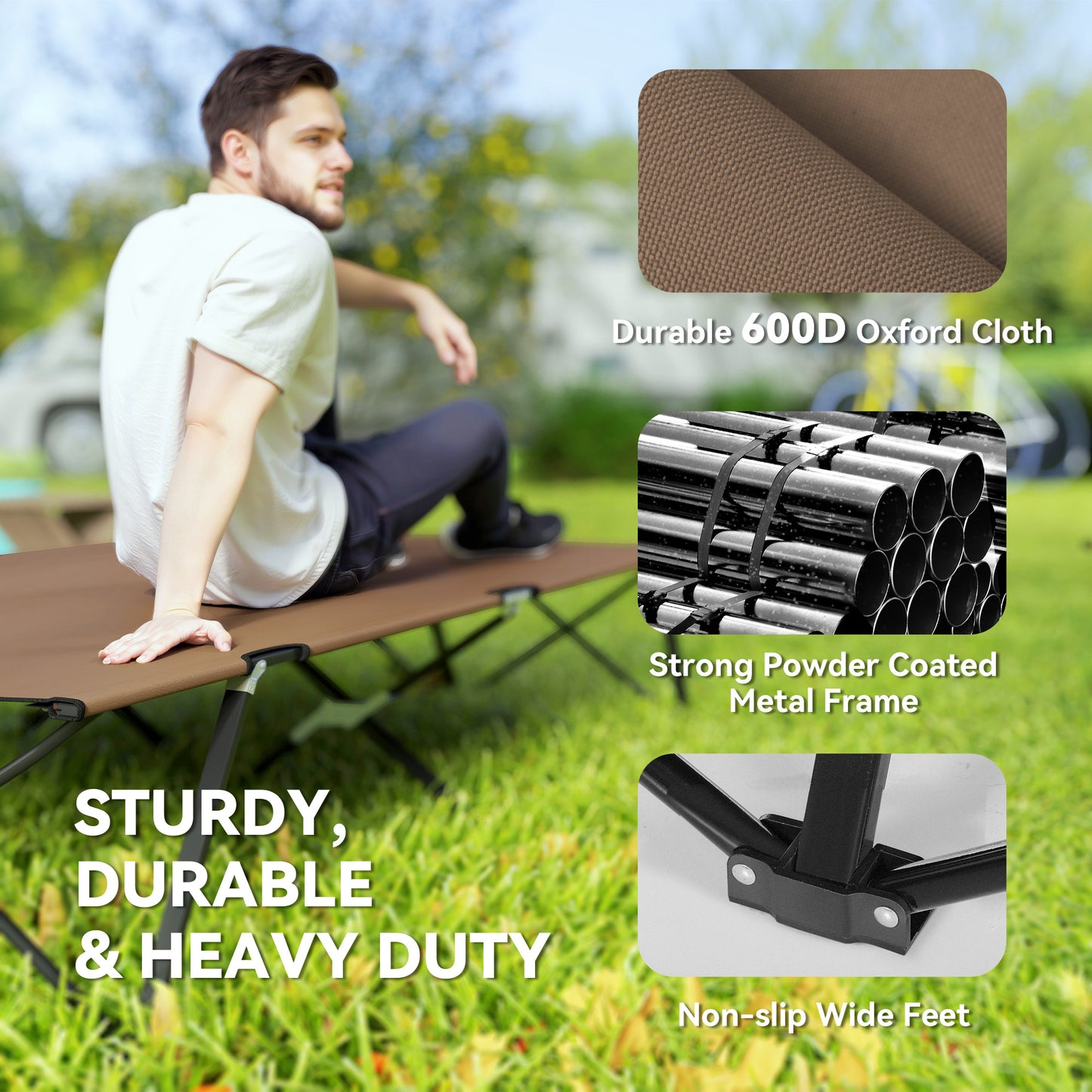 Outsunny Double Camping Cot Bed, with Bag - Khaki