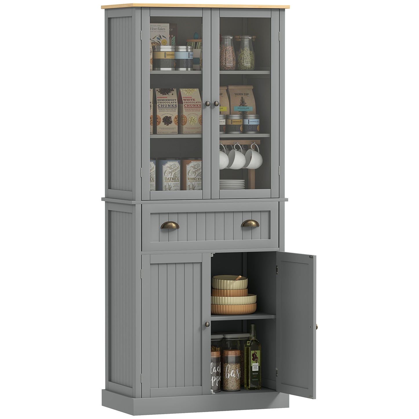 HOMCOM 180cm Tall Kitchen Pantry Cupboard, Freestanding Storage Cabinet with 5 Tier, Adjustable Shelves, Drawer, Grey
