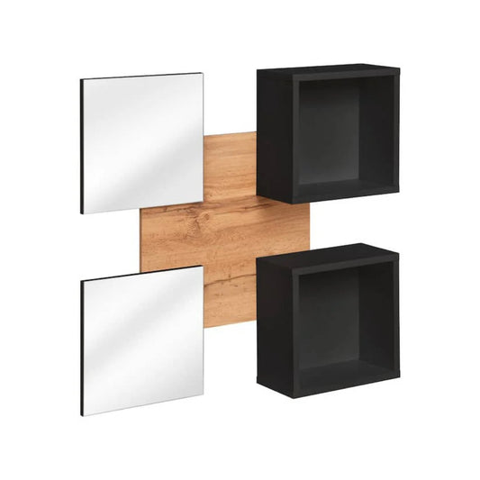 Set of black and wooden cube shelves on a white background