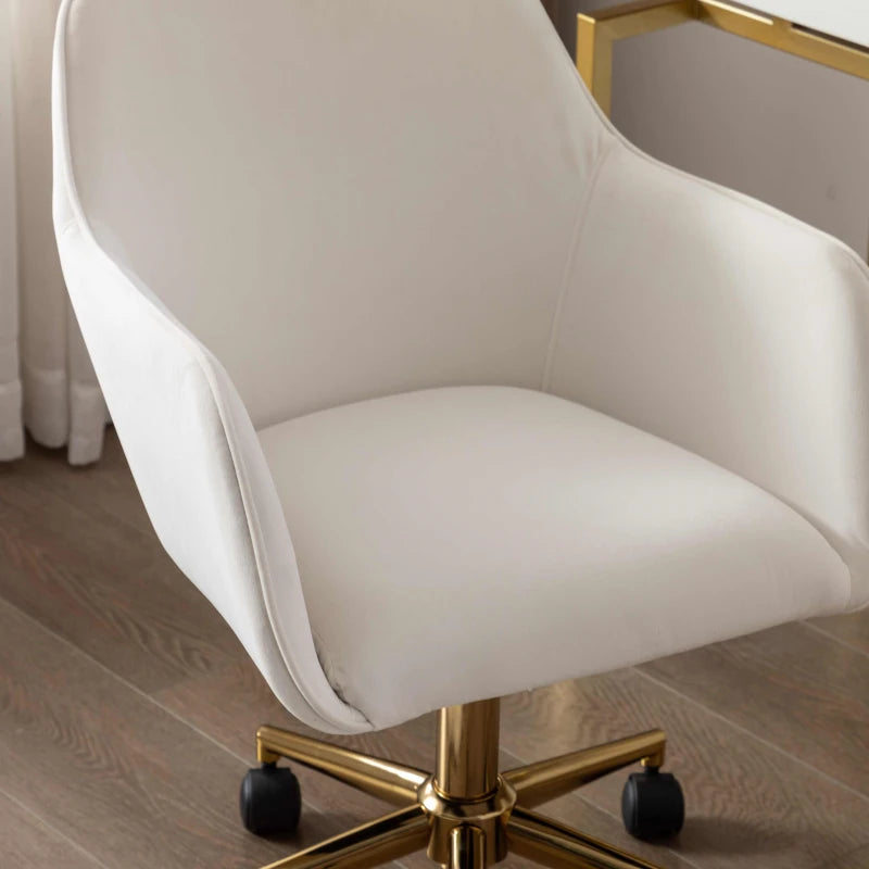 Velvet Adjustable Height Swivel Executive Office Chair with Gold Legs, Ergonomic Backrest, 58x58x86 cm, Ivory