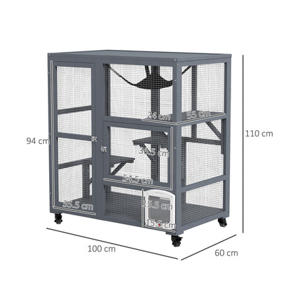 PawHut Cat House, Wooden Indoor Catio Cat Enclosure on Wheels, Wooden Kitty Cage with Platforms, Hammock, Light Grey