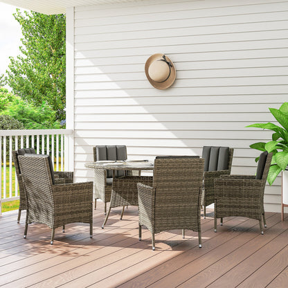 Outsunny Seven-Piece Rattan Dining Table, with Round Glass-Top Table - Light Grey