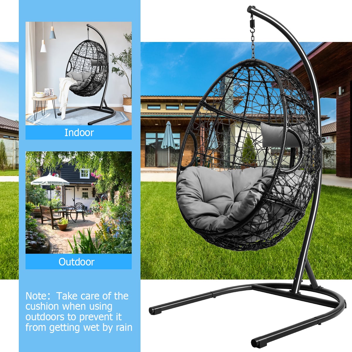 Egg Swing Chair with Stand and Ultraviolet-Resistant Seat Cushion-Grey
